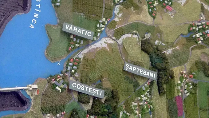 Detaliu din macheta în relief: lacul Costești-Stânca, barajul și satele Văratic, Costești și Șaptebani